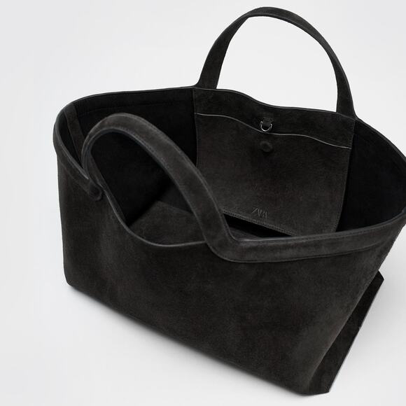 SOLD.   Zara Charcoal Genuine Elongated Suede shopper bag tote row-coded - Picture 3 of 9
